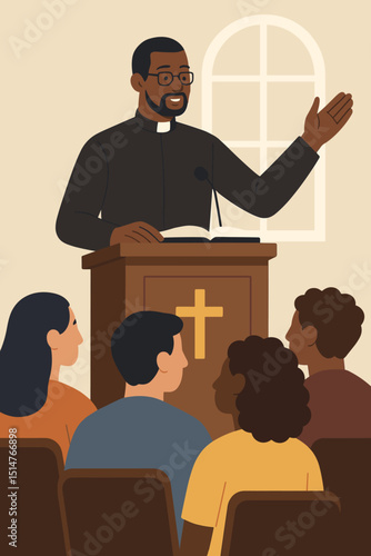 Modern church service with preacher delivering sermon to diverse congregation. Pastor at podium with bible, religious gathering, faith community, spiritual guidance illustration.