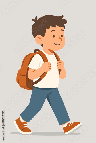 Happy schoolboy walking with backpack. Cute cartoon student on first day of school. Elementary education journey begins. Child learning concept. Back to school vector illustration. Pupil character.
