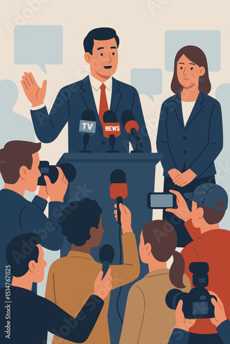 Press conference with politician speaking to media. Reporters with microphones and cameras. Public announcement, news journalism concept illustration. Political communication, government briefing.