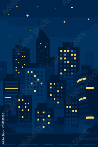 Modern night cityscape vector illustration. Urban skyline with glowing windows in tall buildings and skyscrapers under a starry sky. Dark blue nighttime background for city life concept.