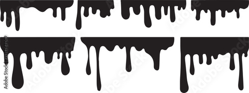 Black bold sun dripping paint, black ink drips and splatters, dripping stain vector set, vector design elements. Hand drawn set round pattern line art vector element
