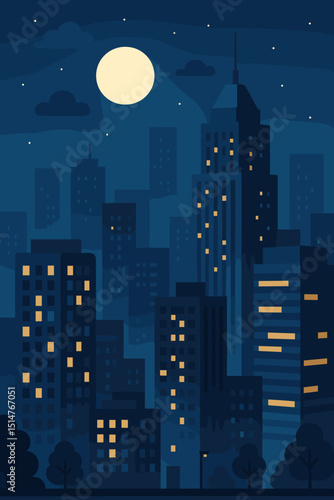 Modern night cityscape vector illustration. Urban skyline with glowing windows, full moon, and stars. Flat design background for concepts of city life, downtown, or metropolis.