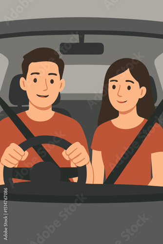 Responsible couple driving, man at wheel, woman passenger, both securely fastened with seatbelts for road safety. Car interior perspective. Safe travel, journey, driver education vector.