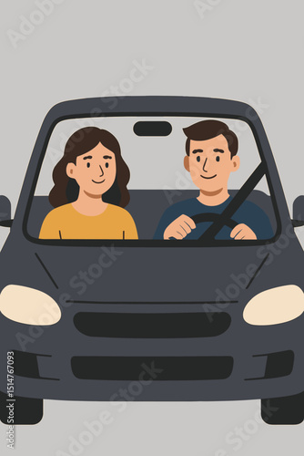 Couple in car vector. Man driving, woman passenger. Road trip illustration. People traveling together by automobile. Transportation, journey, lifestyle, adventure, safety, commute concepts.