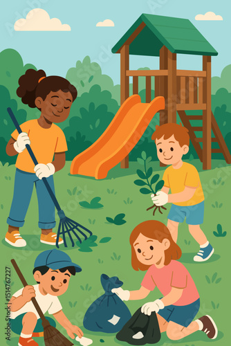 Diverse children volunteering for community garden cleanup. Kids raking leaves, collecting litter, planting saplings near playground. Environmental education, teamwork, outdoor activity cartoon.