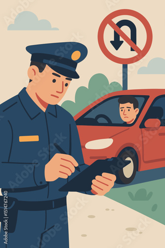 Police officer issues traffic ticket for illegal U-turn. Worried driver receives fine for breaking road rules. Law enforcement, public safety, citation, penalty, violation concept vector.