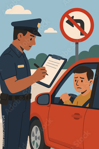 Police officer issuing traffic ticket to worried car driver for illegal turn violation. Policeman writing fine. Road safety, law enforcement, rule breaking, no left turn sign concept.