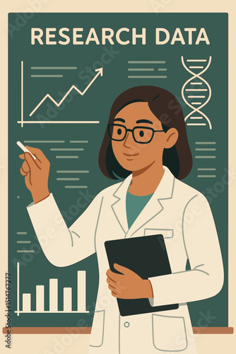 Woman scientist conducting research, analyzing data. Female researcher in lab coat with chalkboard, graphs, DNA. Science, education, STEM concept. Data analysis, discovery, innovation.