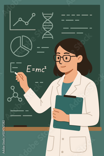 Woman scientist teacher explaining physics chemistry biology formulas on chalkboard. Female researcher in lab coat with clipboard. Science education, scientific research, STEM concept.