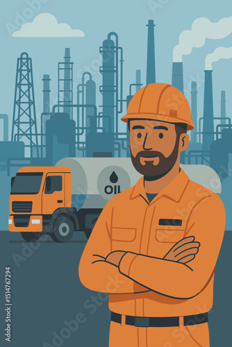 Male petroleum engineer or oil worker with beard in safety helmet. Fuel tanker, oil refinery background. Industrial profession, energy crisis, fossil fuel, gasoline production concept.