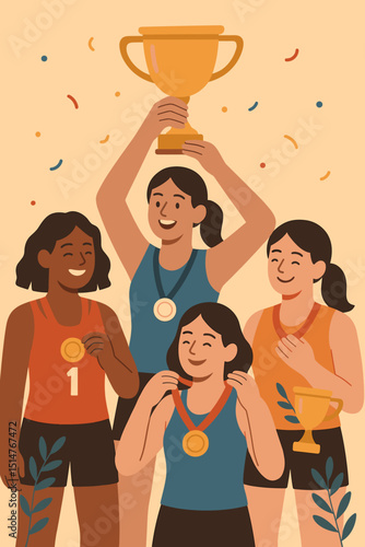 Diverse female athletes team celebrating victory. Champions holding trophy and medals. Women sports success, achievement, and competition. Girl power celebration with confetti.