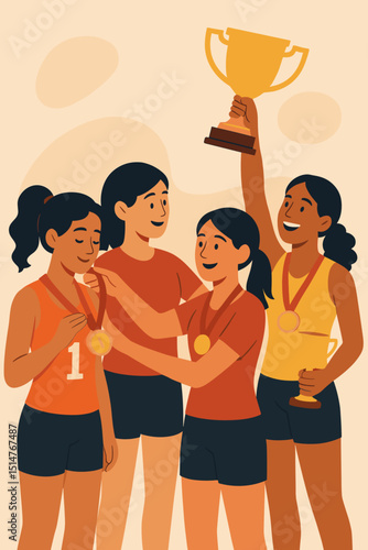 Female athletes victory celebration. Women sports team with gold trophy, medals. Champions success. Teamwork achievement. Happy girls winning competition. Championship award. Girls sport.