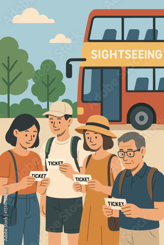 Happy diverse tourist group holding tickets ready to board a red double-decker sightseeing bus for a city tour. Summer vacation adventure, urban exploration, and travel transportation concept.
