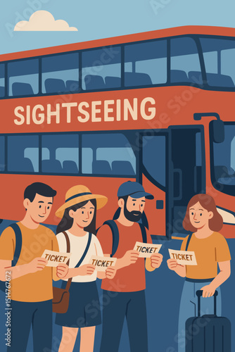 Happy diverse tourist group holding tickets ready to board a red double-decker sightseeing bus for a city tour. Vector illustration concept for travel, vacation, and urban exploration adventures.