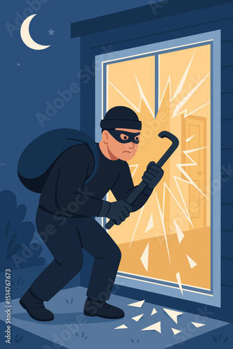 Burglar breaking window with crowbar at night illustration. Thief with sack committing housebreaking. Home security risk, property crime concept. Intruder, illegal entry. Vector.