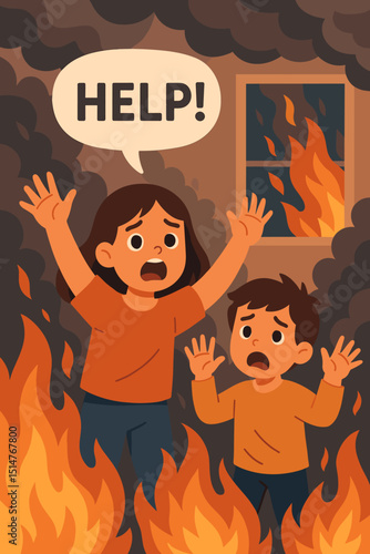 Children trapped in burning room shouting for help. Fire emergency, safety, danger concept. Kids in peril, house fire disaster, evacuation, survival, fear, panic. Vector illustration.