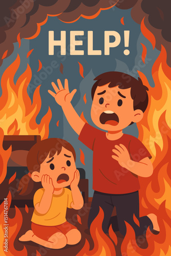 Help sign with children trapped in a raging fire. Scared boy and girl in mortal danger inside burning room. Emergency disaster, safety, rescue, and evacuation concept. Vector poster.