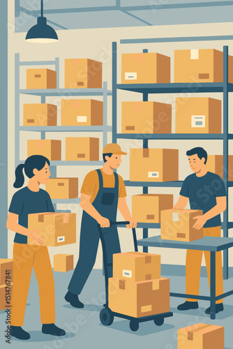 Warehouse logistics team sorting packages, managing inventory. Workers busy with stock-taking, receiving operations in storage facility. Flat design cartoon illustration for distribution concepts.