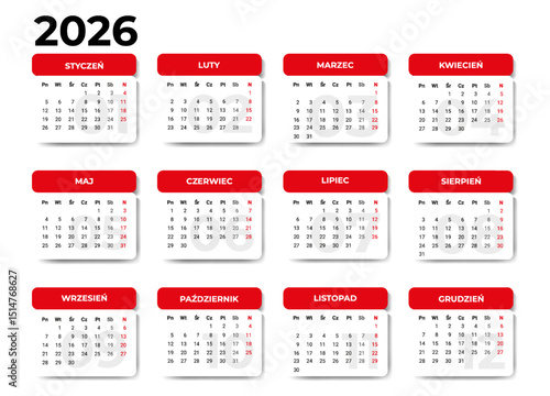 Calendar 2026 in Polish language. Vector template