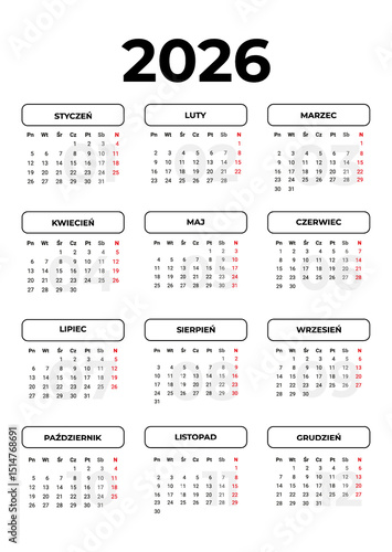 Vertical calendar template for 2026 year in Polish language with week start Monday. Corporate design layout for print, wall calendar, digital calendar. Suitable for A3 A4 A5 format.