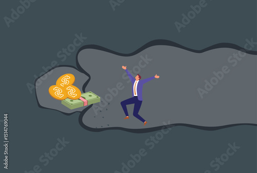 Vector illustration of a joyful businessman celebrating in a tunnel after discovering a hidden treasure of gold coins and cash, a powerful symbol of reward, financial success