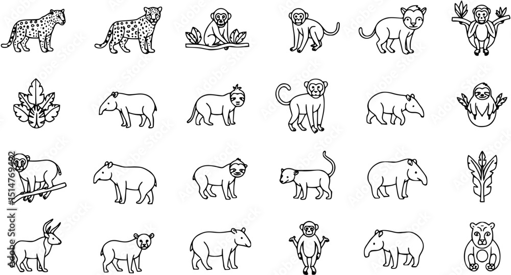 Rainforest mammals linear icons set – outline, jungle and wildlife symbols
Rainforest mammals linear icons set – outline, jungle and wildlife symbols
