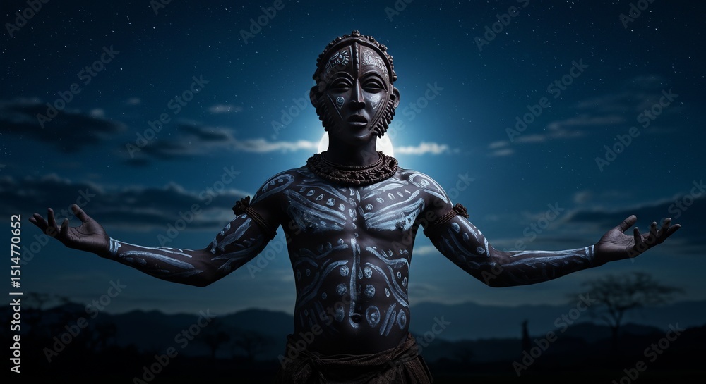 Fototapeta premium Man with Tribal Mask and Body Paint at Night Under Moonlight