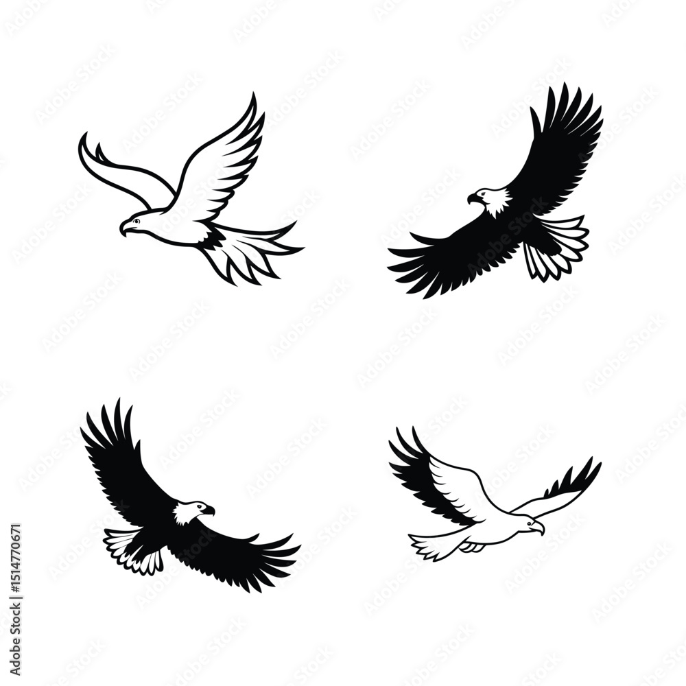 Fototapeta premium Bald eagle flying bundle in strong silhouette art for patriotic designs vector illustration