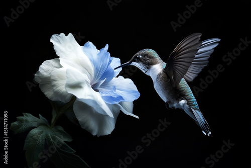 Photograph of a hummingbird with a white and blue flower against a black background.