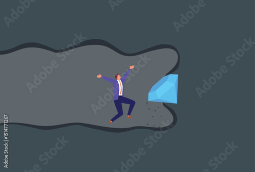 Vector illustration of a joyful businessman celebrating in a tunnel after discovering a hidden diamond, representing victory, wealth, success, and the reward of perseverance and hard work