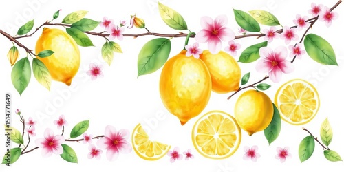Vibrant watercolor lemons, twigs, slices, flowers & leaves Hand-drawn botanical vector illustrations, yellow, summer