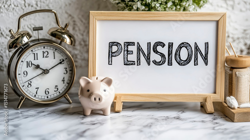Pension Planning Concept with Piggy Bank and Clock on Desk for Retirement Saving