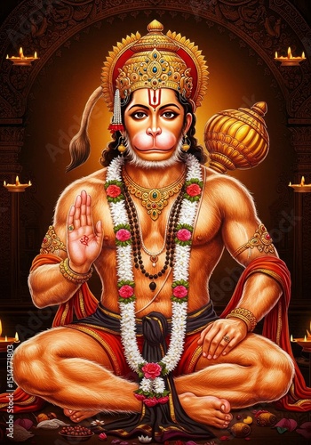 Illustration Of Golden Hanuman Blessing Devotees Positive Energy