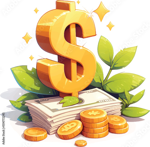 Investing in growth dollar symbol on cash and coins business environment graphic illustration