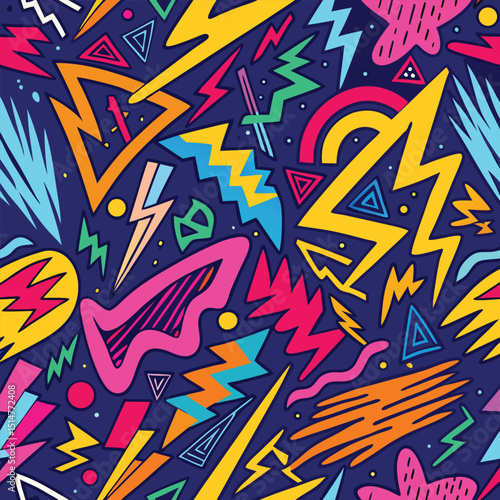 Colorful memphis style design with bold geometric shapes and elements on a deep blue background.