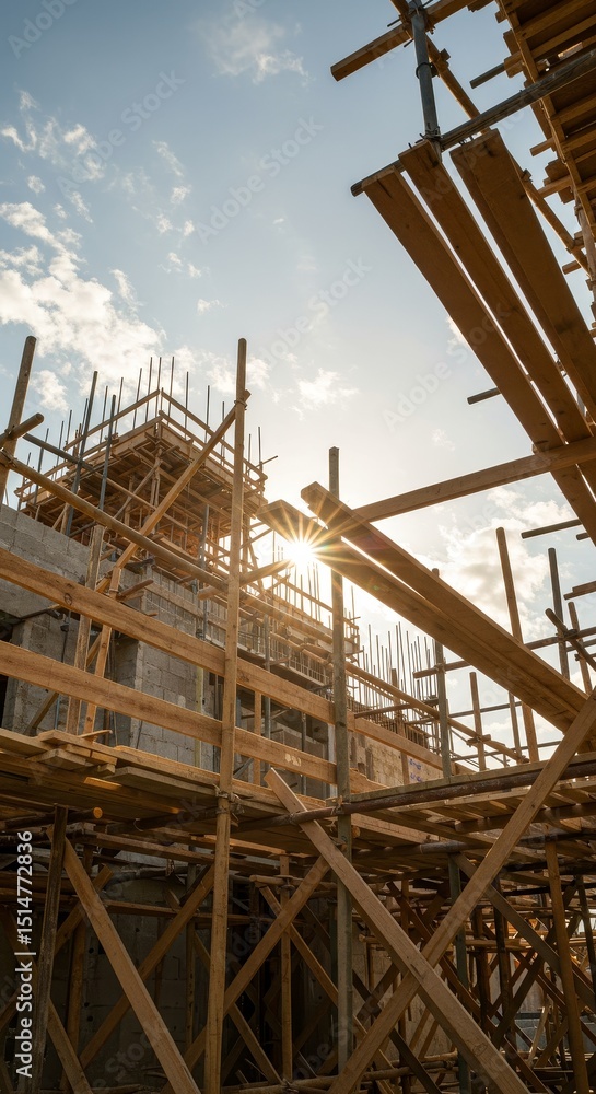 Construction Photo of Wooden Scaffolding Structure on Building Site Sky Construction Photo of Wooden Scaffolding Structure on Building Site Sky