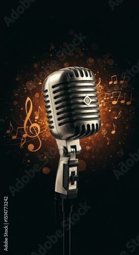 Illustration of Silver Microphone Music Instrument with Shimmering Lights