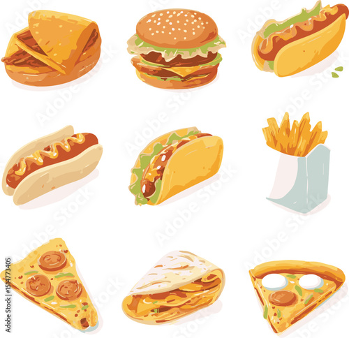 Delicious fast food variety kitchen table digital illustration colorful design top-down view tasty concepts
