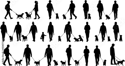 Group people all ages activities with dogs vector silhouette set collection.
