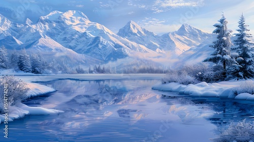 Wallpaper Mural Serene Mountain Vista: An awe-inspiring image capturing a snow-covered mountain range and reflective lake, showcasing a tranquil winter landscape with the serene beauty of nature, Generative Ai. Torontodigital.ca