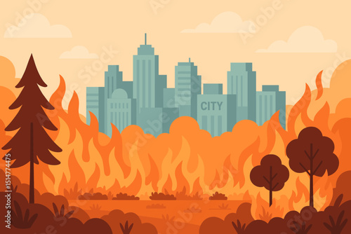 City on fire vector illustration. Wildfire burning forest approaching urban skyline. Natural disaster, climate change concept. Emergency, danger, destruction, blaze, inferno background.