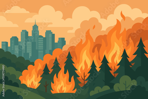 City edge wildfire disaster, forest fire approaching urban skyline with intense flames and smoke. Burning trees concept. Climate change impact, natural catastrophe, environmental emergency vector.
