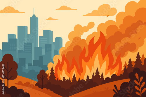 Wildfire disaster city. Forest fire flames approaching urban skyline. Environmental catastrophe, climate change destruction. Burning trees, smoke, emergency. Nature devastation, global warming vector.