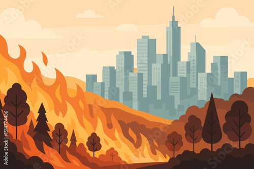 City edge wildfire disaster with burning forest approaching urban skyline. Global warming, climate change concept. Emergency, destruction, and environmental risk vector illustration.