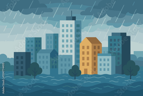 Vector illustration city underwater heavy rainstorm. Animated flood cartoon urban buildings submerged. Climate change disaster, global warming impact, weather crisis, natural catastrophe.
