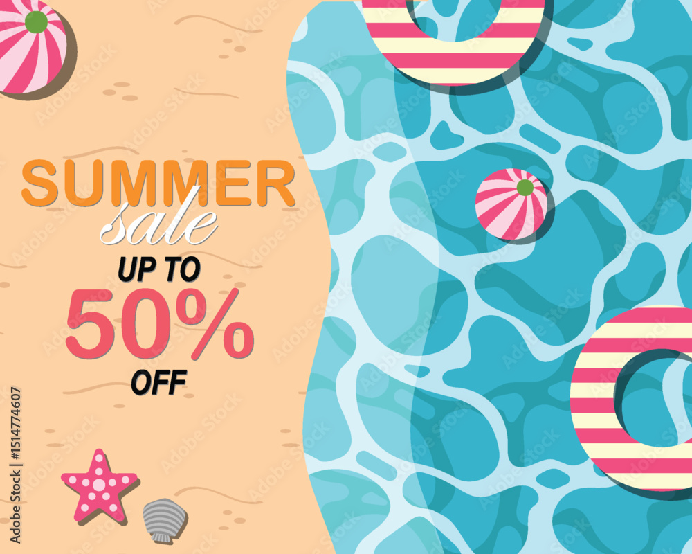 Naklejka premium A summer sale beach sale poster with sea, sand, umbrella, pool float, beach ball, starfish, seashells, and umbrella. Flyer, poster, banner, card, or heading.
