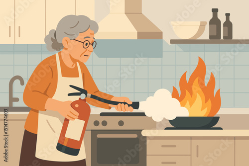 Senior woman kitchen fire. Elderly person fire extinguisher. Stove pan flames. Home safety emergency. Accident prevention. Domestic danger. Grandmother fighting fire. Cartoon vector illustration.