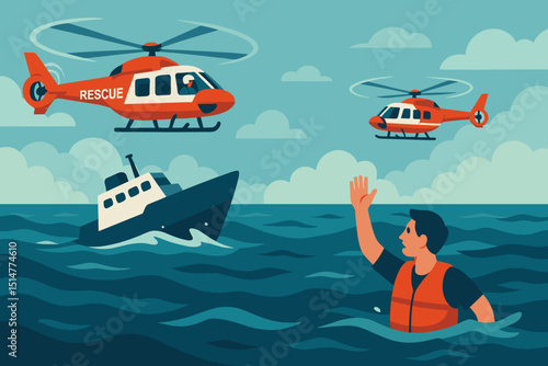 Sea rescue mission with helicopters saving survivor from sinking boat in ocean. Emergency response, maritime distress, lifesaving operation, coast guard assistance. Vector illustration.