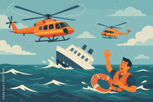 Sea rescue operation with helicopter and sinking ship. Man in lifebuoy awaiting emergency assistance. Maritime accident distress signal. Coast guard search and rescue mission illustration.