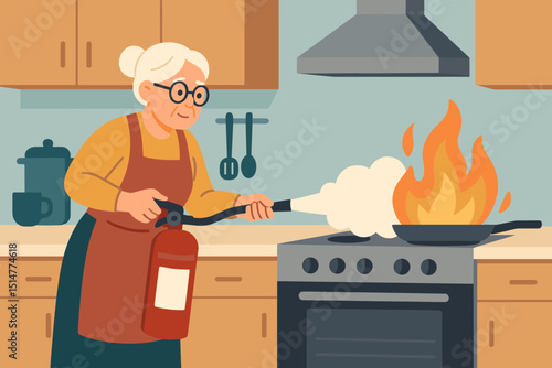 Brave senior woman extinguishing kitchen fire. Elderly grandmother character using fire extinguisher on burning stove. Home safety, accident prevention, emergency preparedness concept vector.